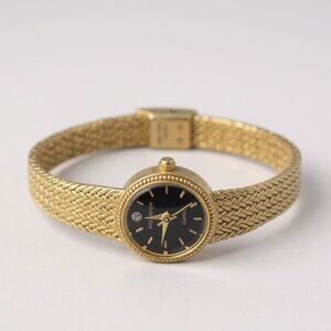 Precision By Gruen Gold-Tone Quartz Watch With Black Dial & Woven Bracelet Stain